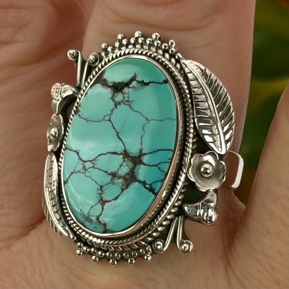 Southwest Jewelry - Southwest Spiderweb Turquoise Ring Size 9 Navajo Style Pure Sterling Silver 925